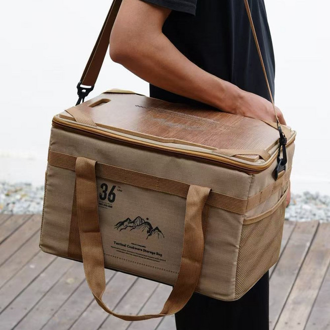 호밍사이 멀티 방수 캔버스 캠핑 수납 가방 나무판 포함 테이블 도마 2in1, 1개, 2단, 카키