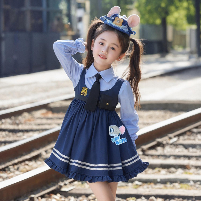 채움다 여아 봄 가을 쥬디 원피스 공주 드레스 토끼 경찰 스타일, 헤어 액세서리 포함 주디 드레스