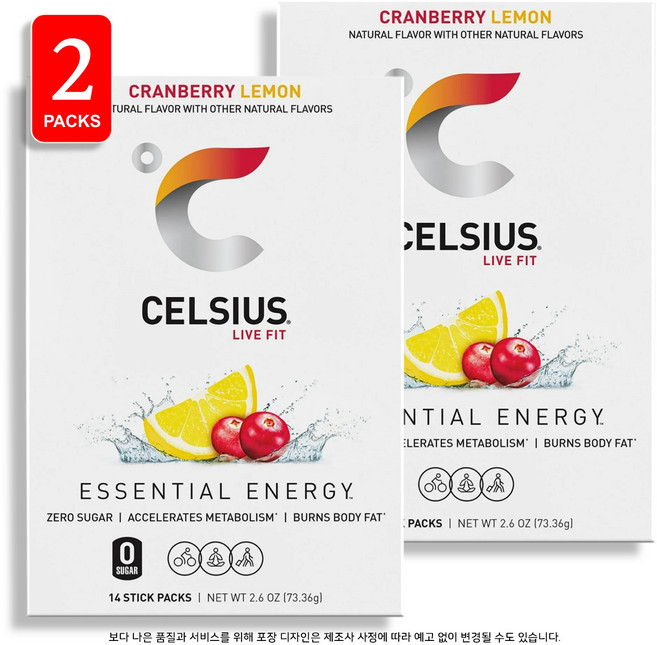 Celsius 셀시어스 온더고 에너지 파우더 무설탕 크랜베리 레몬 14스틱, 2개, 14회분