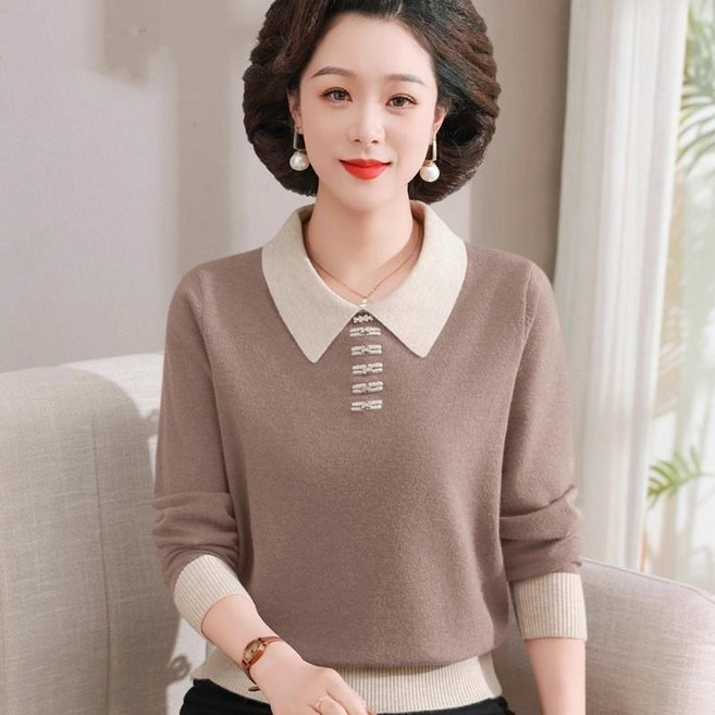 COSYEVNO 중년 엄마 긴팔 톱 가을 빅사이즈 니트 배색 스타일리쉬하고 루즈핏 캐주얼 심플 톱 CXJzzsm-04