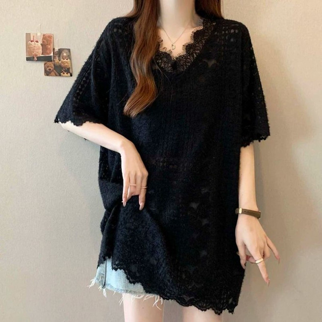 COSYEVNO 여성 반팔 티셔츠 레이스 펀칭 루즈핏 여름 캐주얼 브이넥 상의