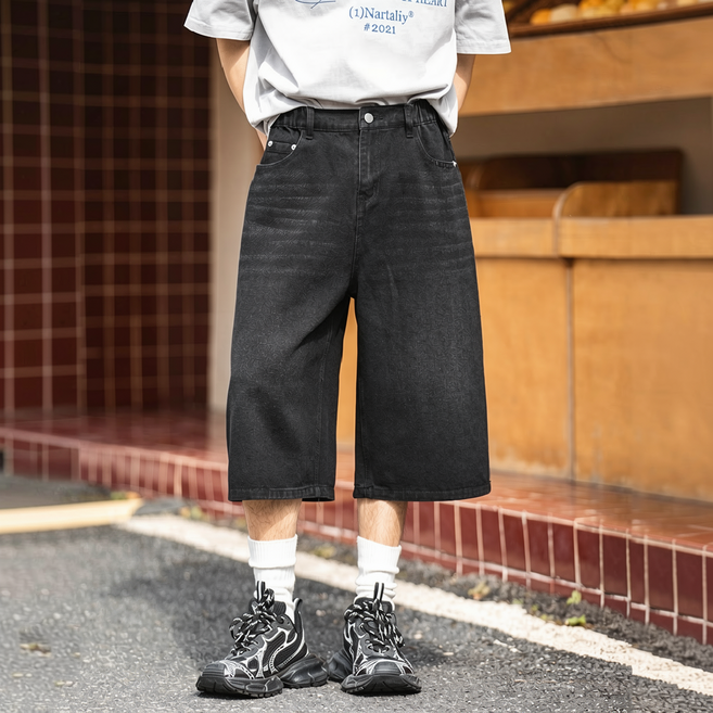 HANYO 데일리 와이드 워싱 데님 남녀공용 캐주얼 버뮤다 팬츠 반바지