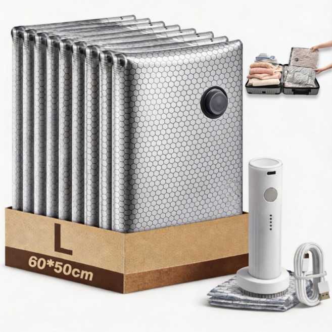 [무선 전동펌프 포함] 의류 압축팩 진공 압축팩 여행용 패딩 이불 수납 정리 공간절약 압축 가방 세트, 1세트, 9개입