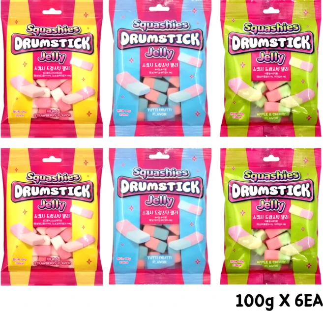 스쿼시 드럼스틱 젤리 3종(애플/뚜띠/밀크스트로) 각2봉씩 총6봉, 6개, 100g - 쿠팡
