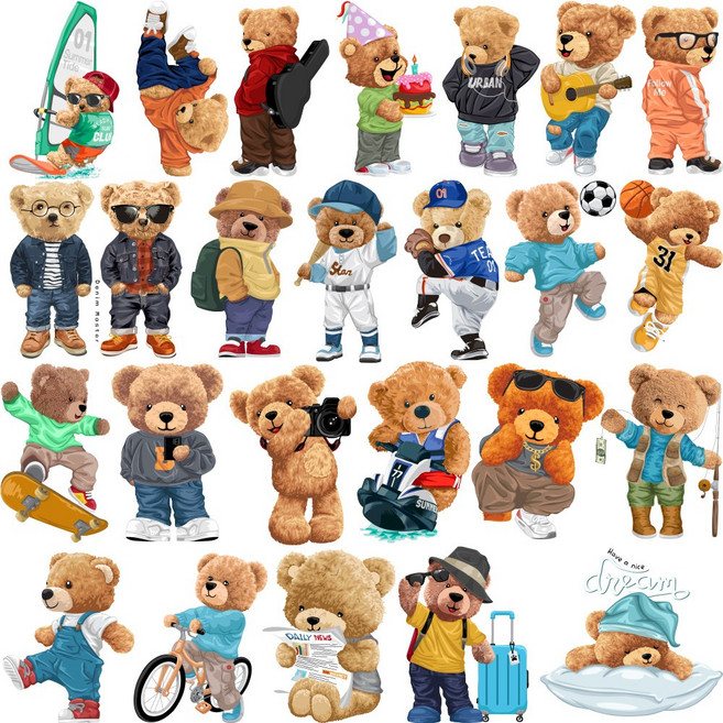 의류 열전사지 곰돌이 베어 애니멀 31종(g015) 옷리폼 다리미 전사지제작, 06.카세트 든 빨감모자 곰돌이, 1개