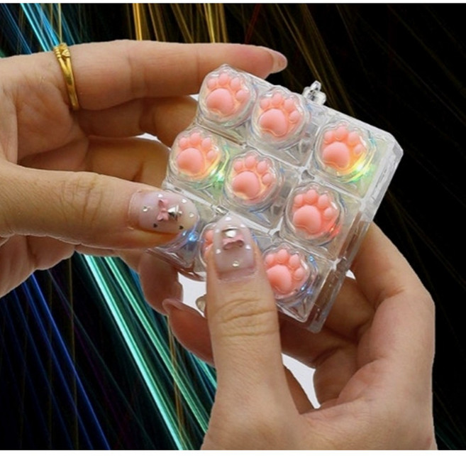 LED 불빛 고양이발 9구 냥발 키캡키링 딸깍이 손장난감 키보드 클리커 피젯 키홀더 가방 키링 어린이날선물, 투명9구, 1개