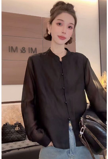 新中式立領提花長袖襯衫女