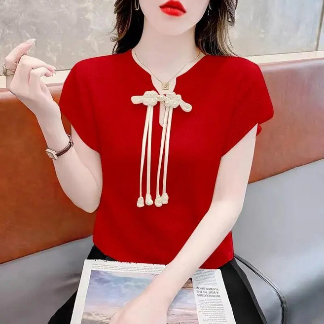 해피유통 여성 봄여름 반팔 면 니트티 간단한 V넥 진주 장식wbr