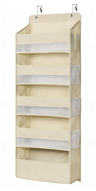 문걸이 5단 수납 정리함 도어 후크형 벽걸이 다용도 수납 포켓 메쉬형 대용량, 1개, 살구색