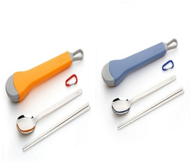 네파 휴대용 실리콘 수저 세트+ 케이스 + 카라비너 세트, 블루1+오렌지1, 숟가락+젓가락+실리콘 케이스+카라비너, 2개
