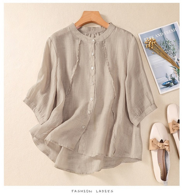 POMTOR 여성 면마 루즈핏 5부소매 티셔츠 린넨 셔츠