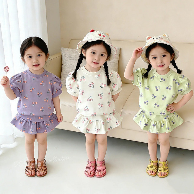 블링래빗 여아 체리 반팔 티셔츠 스커트 상하복 100~130 키즈 주니어 상하의 세트 2종세트