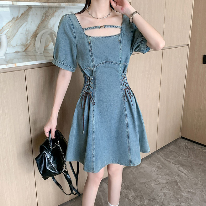牛仔連衣裙 女 方領泡泡袖 A字裙, 762淺藍色 高質量,XL