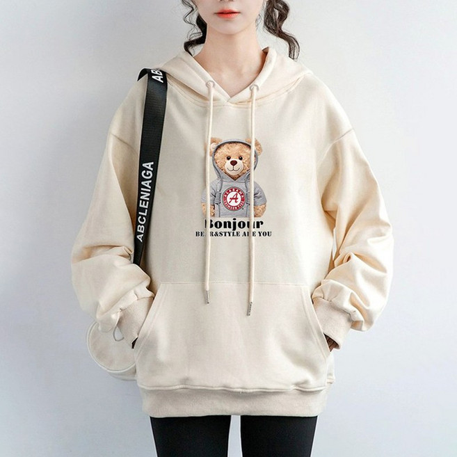 스타일아유 가을 겨울 남녀공용 후드티 루즈핏 빅사이즈 오버핏 곰돌이 패턴 310g면혼방 여성 티셔츠 TS2150
