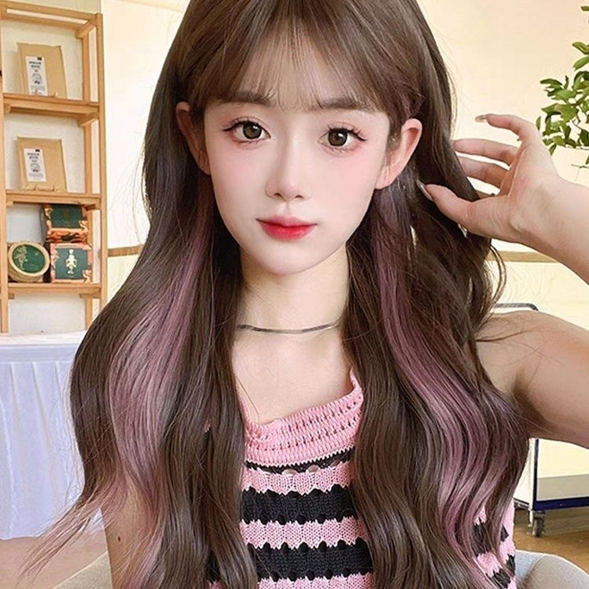65CM보카시 웨이브 앞머리 긴머리 웨이브 여성 풀가발(가발 수납 포켓), 1개, 그러데이션핑크B