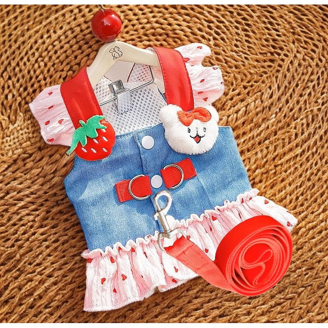 아티펫 반려동물 데님 딸기곰 하트레이스 하네스 + 로프, 1개, 연청