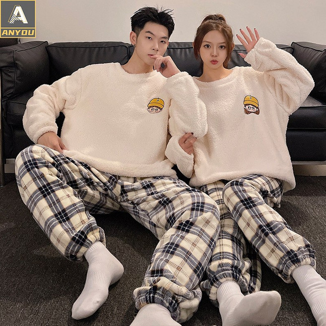 ANYOU 커플 잠옷 홈웨어 추동 기모 잠옷 극세사 파자마 산호털 잠옷세트카툰 파자마