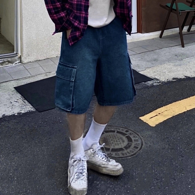 카고 버뮤다 데님 팬츠 반바지 청 통 6부 워싱 밴딩 포켓