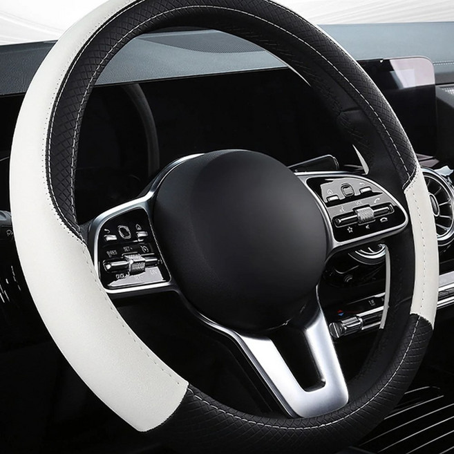 자동차 가죽 핸들커버 봉고 포터 G70 K3 K5 K9 QM6 SM3 SM5 SM7 코란도 올란도 레이 스포티지 니로 스파크 셀토스 그랜저 스타리아 캐스퍼 베뉴 37cm 38cm, 블랙+화이트
