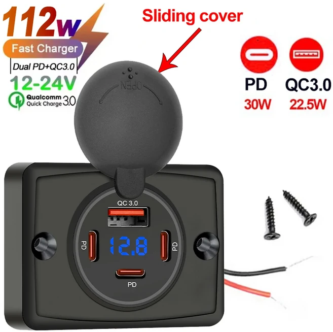 벽걸이형 충전기 어댑터 2-4포트 USB 콘센트 QC 22.5W PD 30W 타입-C 급속 패널 버스 ATV 트럭, 01 1QC 3PD volt