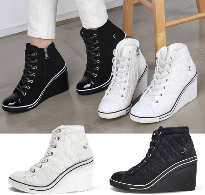 이피다빈 9cm 여성 키높이 하이탑 하이힐 캔버스 웨지 스니커즈