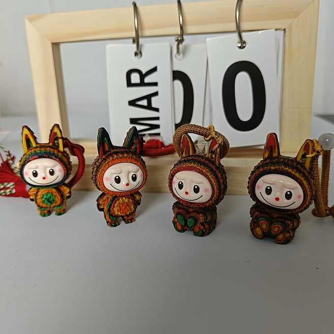手工雕刻 木質 拉布布 掛件 四只小兔子 配流蘇, 詳情見包裝