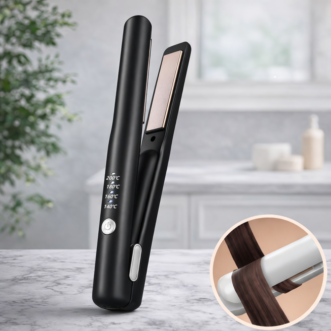 [캬오유] 충전식 무선 헤어 고데기 휴대용 음이온 판고데기, 블랙, BL-006