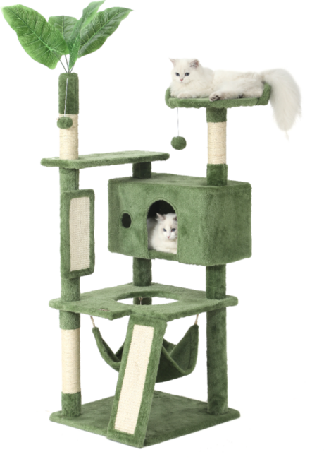 먀오샤오위안 4단 초록 선인장 고양이 스크래쳐 타워 + 해먹 + 아지트 + 정자 + 폼폼 장난감, 1개, 흰색과 초록색