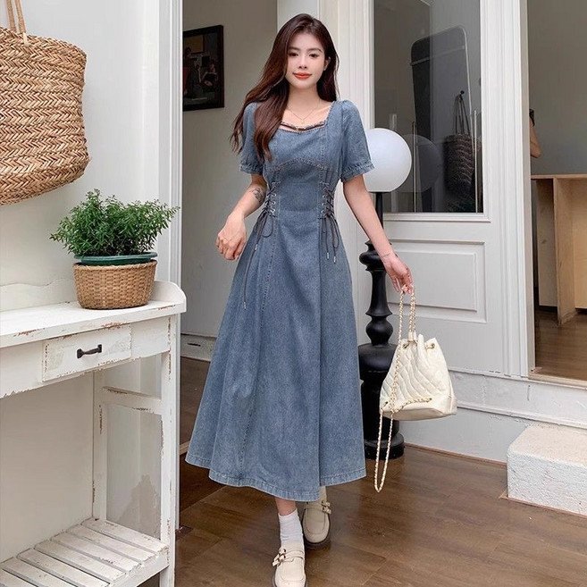 여름 여성 반팔 원피스 프렌치 스퀘어넥 허리조임 데님 원피스 데일리 여자 롱 청원피스 YSQ