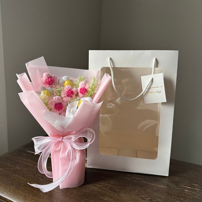 핸드메이드 부케 니트 부케 완제품 졸업축하 선물 하모니 니트 부케 미니 부케 선물 1순위, 1개, 핑크