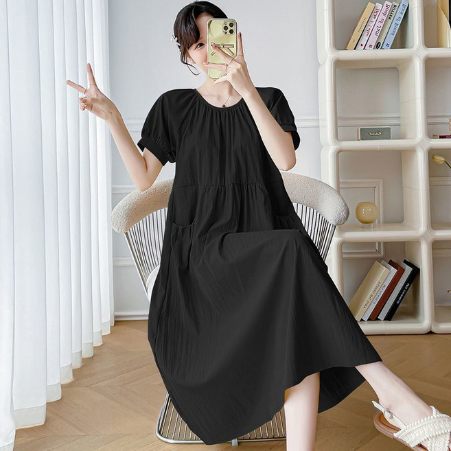 임산부 여름 원피스 캐주얼 반팔 임부복 루즈핏 심플 솔리드 라운드 임부 원피스 CY