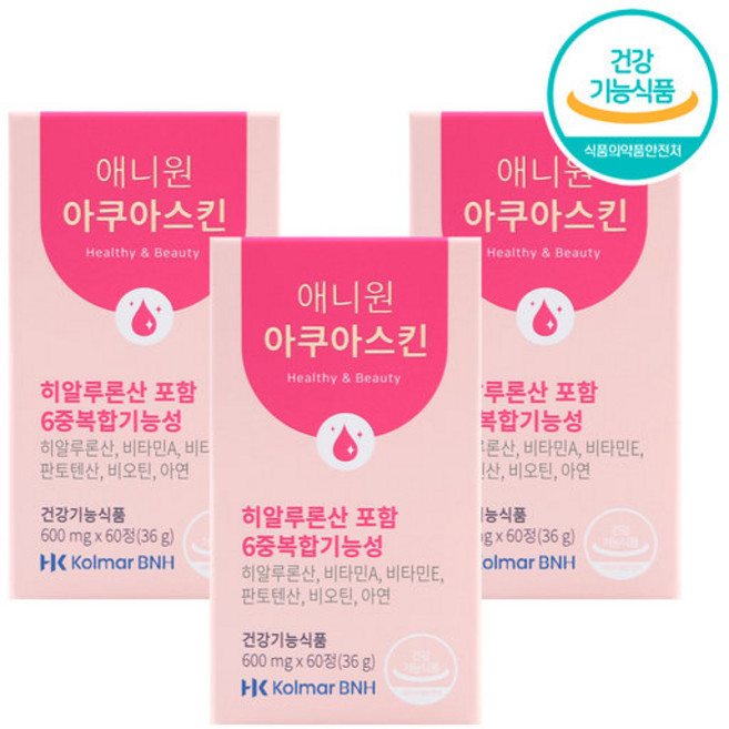 한국콜마 3박스(3개월) 콜라겐 히알루론산 애니원아쿠아스킨, 3개, 60정