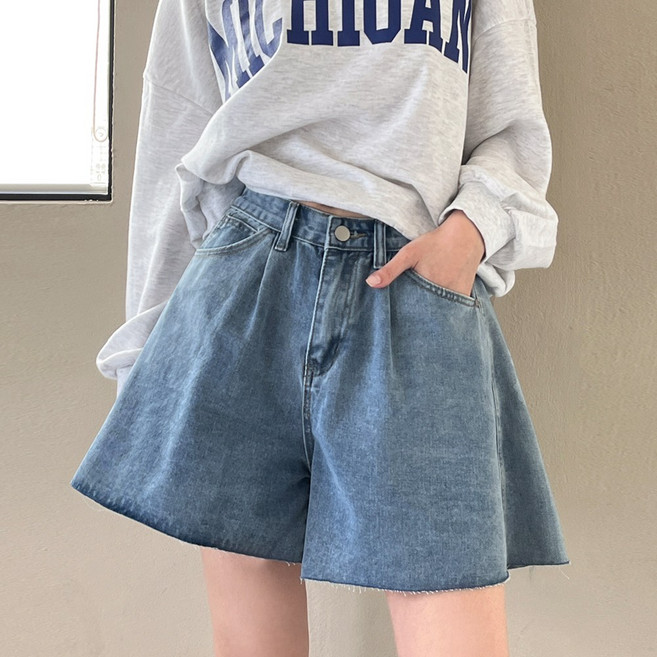 잇진 여성 와이드 A라인 워싱 데님 핀턱 컷팅 청반바지