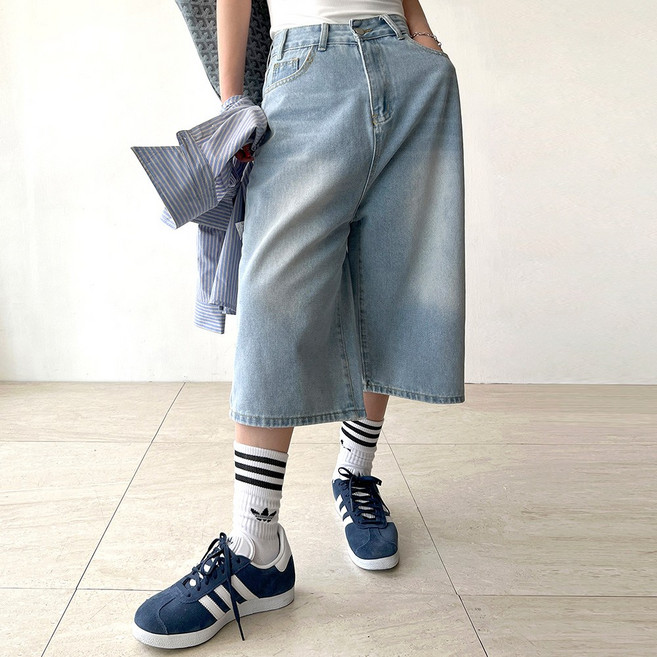 네모엔룩 데님버뮤다 남녀공용 와이드 루즈핏 A라인 로우라이즈 레이어드룩 캐주얼 데님 청 팬츠