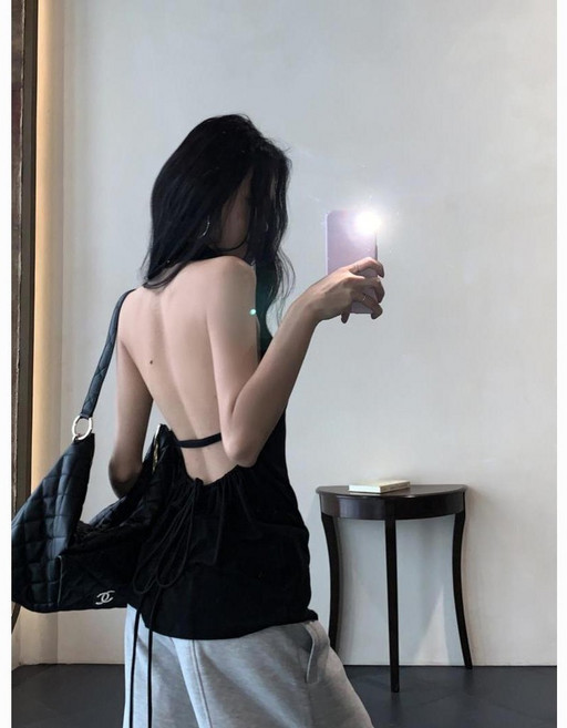 黑色露背設計感掛脖吊帶背心