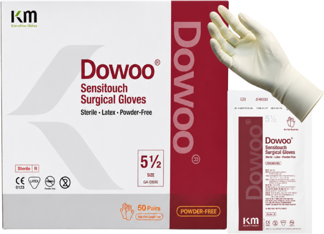 KM Dowoo 도우 멸균 라텍스장갑 센시터치 수술용 글러브 50조 파우더프리 치과, 1개, M, 아이보리