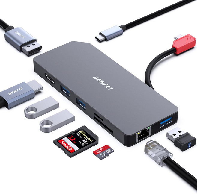 BENFEI 9in1 USB C MST 노트북 도킹 스테이션 USB-C 허브HDMI 디스플레이포트 듀얼 모니터 포함3*USB 타입-A1*USB 타입-C10Gbps+100W