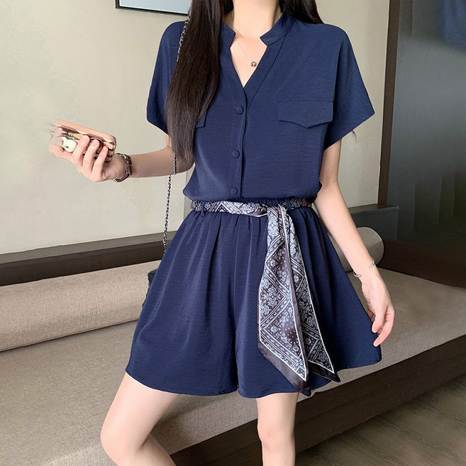 SELEAD 여성반팔티셔츠+반바지세트 파란티셔츠 여름반바지 빅사이즈여성의류 투피스세트 벨트 증정