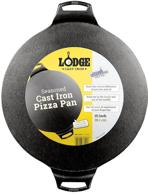 Lodge 시즈닝 주철 피자 팬 - 이중 보조 손잡이가 있는 미리 시즈닝된 원형 균일한 열 분포 PFAS 프리 무독성 조리기구 오븐 사용 가능 38.1cm(15인치), Lodge 롯지 시즈닝 주철 피자 팬 - 이중 보조 손