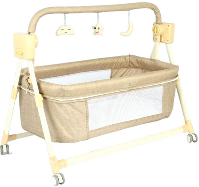 嬰兒搖牀多功能可移動摺疊搖籃新生兒電動搖搖椅玩具寶寶安撫睡籃, 淺卡其升級電動款
