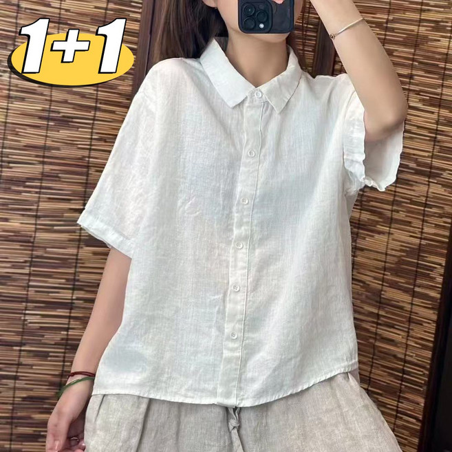 1+1 여성 여름 린넨 카라 셔츠 루즈핏 무지 반팔 셔츠 남방 베이직
