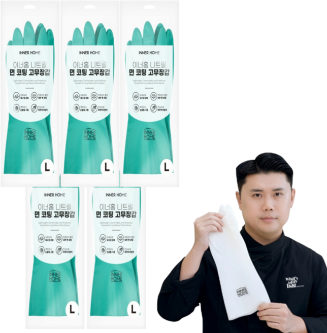 이너홈 튼튼 면코팅 고무장갑 양손착용 세트, 그린, 대(L), 5세트