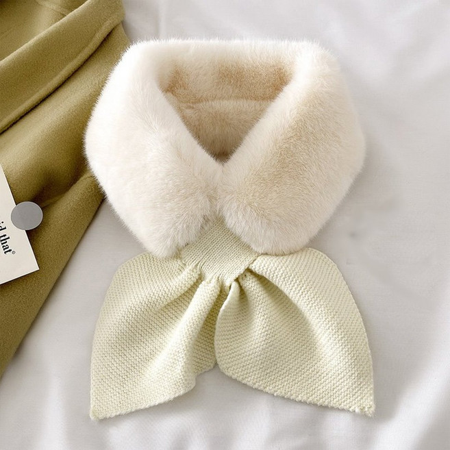 仿皮草毛絨拼接針織圍巾 蝴蝶結 秋冬保暖護頸