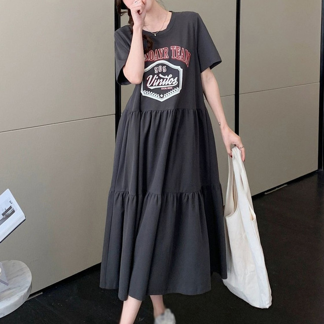 여성 오버핏 반팔 롱 캉캉 원피스 레터링 캐주얼 데일리 원피스