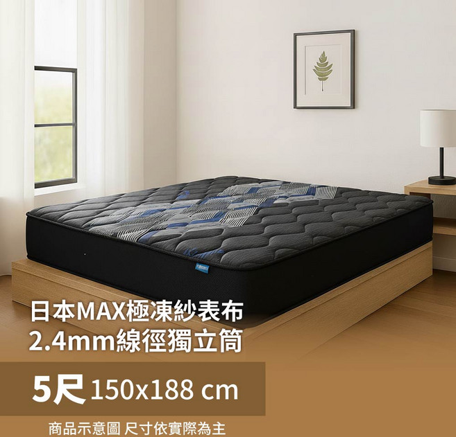 斯諾床墊 日本MAX極凍紗 2.4mm獨立筒 7尺加大 涼感舒適, 深灰黑色