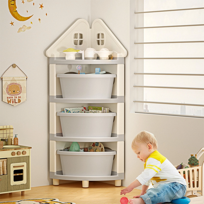 튼튼한 대용량 수납함 하우스 디자인 코너 수납장 분리형 바스켓 장난감 정리함, 1개, 4단 코너 수납장 화이트