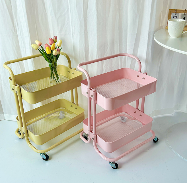 STAR UP 철제 트롤리 이동식 핸드 수납 카트 컬러, 핑크, 2단