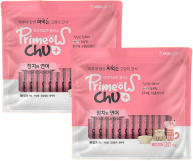 프리미요 츄 고양이 파우치간식, 2개, 300g, 참치&연어