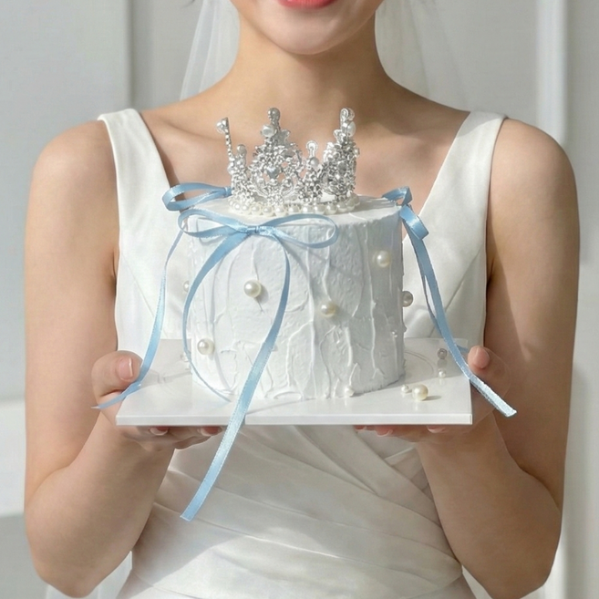 [쏘스데이] 웨딩 케이크모형 DIY 만들기 티아라 리본 웨딩촬영소품 브라이덜샤워 프로포즈, 1개, 화이트크림(블루리본)