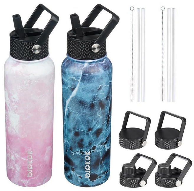 BJPKPK 6-in-1 풀 액세서리 스테인리스 워터보틀 650ml 아미그린/민트 2종 세트, 블라썸+오션